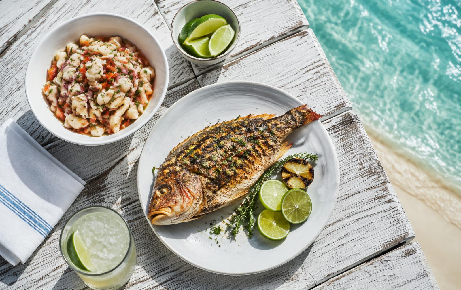 PhiMetrix salad and grilled snapper by turquoise water